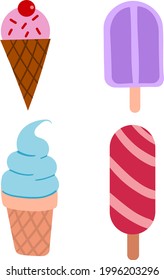 Collection of various multicolored ice cream icons. Vector illustration isolated on white background
