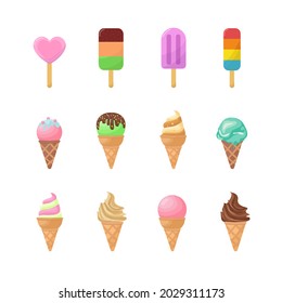 Collection of various multicolored ice cream icons. Vector illustration isolated on white background