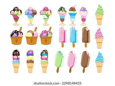 Collection of various multicolored ice cream icons. Vector illustration isolated on white background