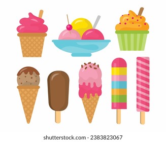 Collection of various multicolored ice cream icons. Vector illustration isolated on white background