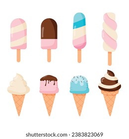 Collection of various multicolored ice cream icons. Vector illustration isolated on white background