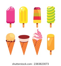 Collection of various multicolored ice cream icons. Vector illustration isolated on white background