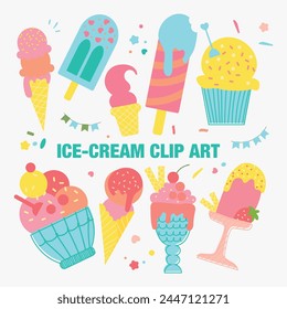 Collection of various multicolored ice cream icons. Vector illustration isolated on white background. ice cream clipart design for minimalist summer design and print, street food illustration or logo.