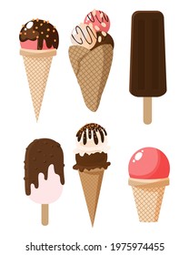 Collection of various multicolored ice cream.Popsicles and cones, decoration and colors. Summer Illustration Sweet Fast Food. For design, web, graphics. Vector illustration isolated.