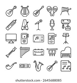 Uma coleção de vários instrumentos musicais e ícones de equipamentos de áudio, renderizados em uma simples arte em linha preta sobre um fundo branco.