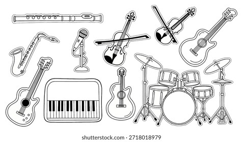 Una colección de varios instrumentos musicales representados en un simple estilo de contorno blanco y negro, que incluye guitarras, violines, batería, piano, saxofón, flauta y un micrófono.