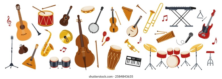 Collection of various musical instruments displayed for an artistic arrangement in a creative space