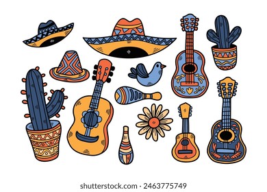 A collection of various musical instruments and hats, including a guitar, a maraca, and a sombrero