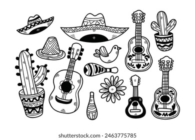 A collection of various musical instruments and hats, including a guitar, a maraca, and a sombrero