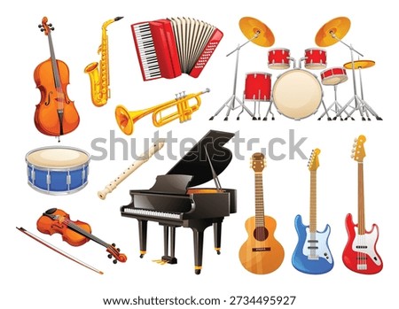 Collection of various musical instruments including piano, drums, and violin. Vector cartoon illustration