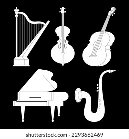 Colección de varios instrumentos musicales de silueta aislados en fondo blanco. Piano, guitarra, violoncelo, arpa, saxofón. Cadenas, bronce, vientos. Ilustración vectorial en estilo de dibujos animados modernos y planos