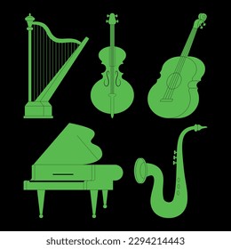 Colección de varios instrumentos musicales de silueta aislados en fondo blanco. Piano, guitarra, violoncelo, arpa, saxofón. Cadenas, bronce, vientos. Ilustración vectorial en estilo de dibujos animados modernos y planos