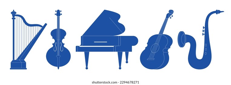 Colección de varios instrumentos musicales de silueta aislados en fondo blanco. Piano, guitarra, violoncelo, arpa, saxofón. Cadenas, bronce, vientos. Ilustración vectorial en estilo de dibujos animados modernos y planos