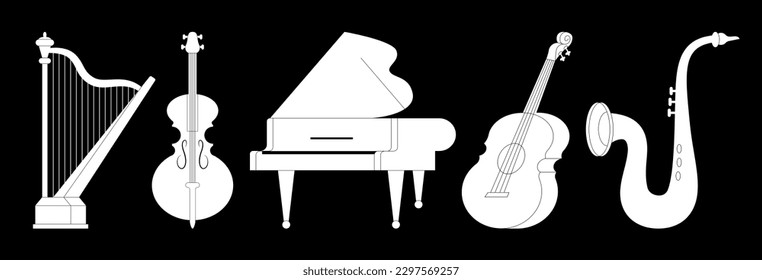 Colección de varios instrumentos musicales de silueta aislados en fondo blanco. Piano, guitarra, violoncelo, arpa, saxofón. Cadenas, bronce, vientos. Ilustración vectorial en estilo de dibujos animados modernos y planos