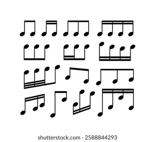 A collection of various musical notes and rhythms displayed in black on a white background. The design represents different note groupings and musical notation. Vector illustration