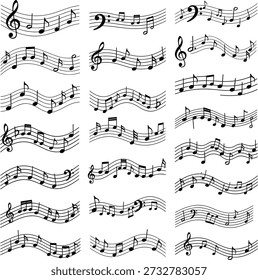 Coleção de várias notas musicais e equipes sobre símbolos de música de fundo branco