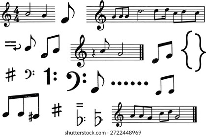 Una colección de varias notas musicales y símbolos en los pentagramas