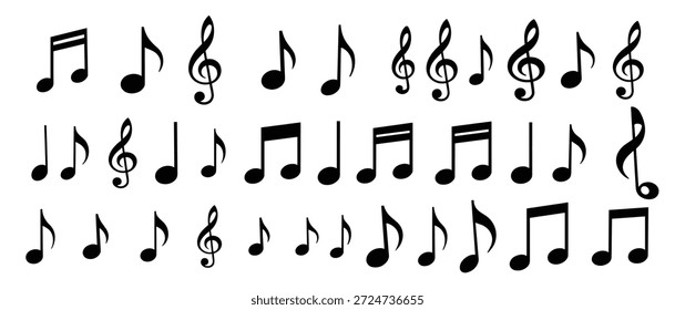  colección de varias notas musicales y símbolos en negro