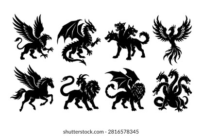 A collection of various mythical creatures depicted as black silhouettes, showcasing a distinctive and dramatic visual style.