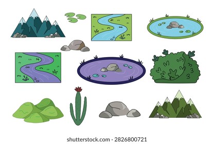 A collection of various nature landscape elements including mountains, winding rivers, ponds, rocks, bushes, and a cactus, isolated on white background.