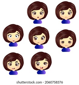 A collection of various negative facial expressions of a brunette girl. Vector graphic illustration
