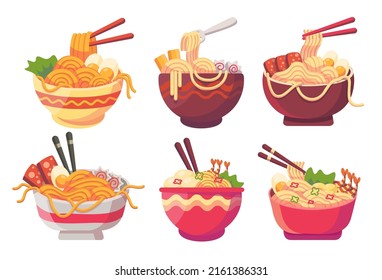 collection of various noodle with chopsticks in beautiful bowl drawing style isolated on white background, vector illustration