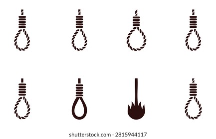 Collection of various noose knots and a burning symbol icons isolated on transparent background