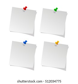 collection of various note paper with  push pin on white background