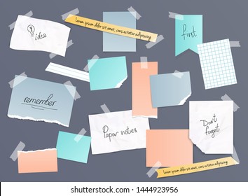 Collection of various note papers, banner set. Different scraps of paper stuck by sticky tape. Vector illustration.