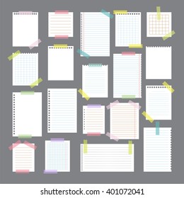 Collection Of Various Note Papers With Different Tape Strips. Cute Design Elements. Vector Illustration