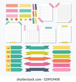 Collection Of Various Note Papers With Different Tape Strips. Cute Design Elements. Template For Notebooks.  Vector Illustration