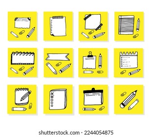 Collection of various note papers on yellow. Hand drawn doodle notepaper for messages set. Vector illustration