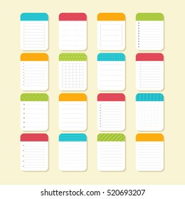 Collection of various note papers. Sheets of paper. Template notepad design. Vector illustration