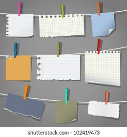  Collection of various notes and a clothes pegs. Vector eps10