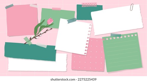 Collection of various notes paper. Banner with colorful sticky note, vector set in spring colors pink and green. Place for your text.