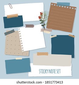 Collection of various notes paper. Colorful sticky note in winter style, vector illustration.