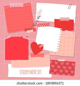 Collection of various notes paper for valentine card. Red and pink sticky note, vector illustration.