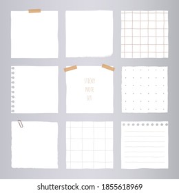 Collection of various notes paper. White sticky note, vector illustration.