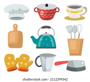 Collection of various object in kitchen for graphic designer with pot, kettle, knife and kitchenware in cartoon character, flat vector illustration