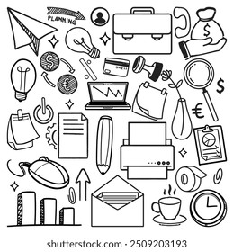 A collection of various objects and Business essential doodle drawing set. Hand drawn symbols, including light bulb, coffee, money and a suitcase. Concept of productivity and organization