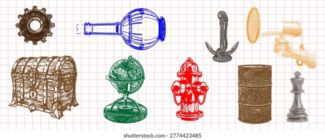 A collection of various objects illustrated in a vintage sketch style, including a chest, globe, fire hydrant, and more on a pink grid paper.