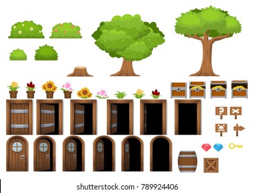 Collection of various objects from trees, flowers, bush, doors, to barrels for creating fantasy video games