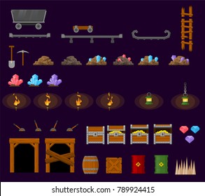 Collection of various objects with underground gold mine theme for creating action video games