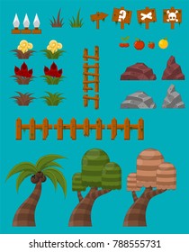 Collection of various objects used for creating game with nature theme