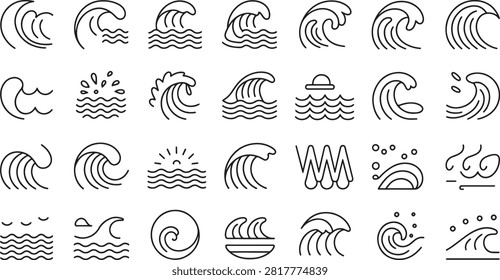 Collection of various ocean wave and water icons isolated on transparent background