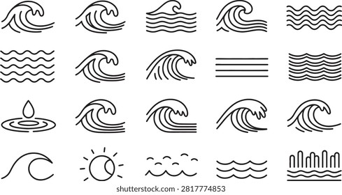 Collection of various ocean waves and water icons isolated on transparent background