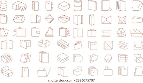 Collection of various office and storage icons including books files folders and desk supplies in linear style design for organizational themes and digital applications