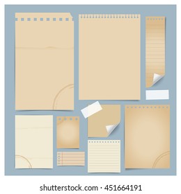 Collection of various old papers (paper sheets, note paper, price tag), ready for your message. Vector illustration.