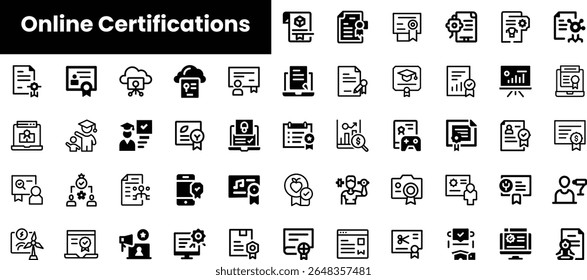A collection of various online certification icons, showcasing diverse fields like education, business, and technology, all designed in a minimalist style.