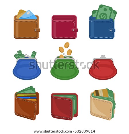 Collection of various open and closed purses and wallets with money, cash, gold coins, credit cards. Set of different business and finance symbols. Vector illustration isolated on a white background